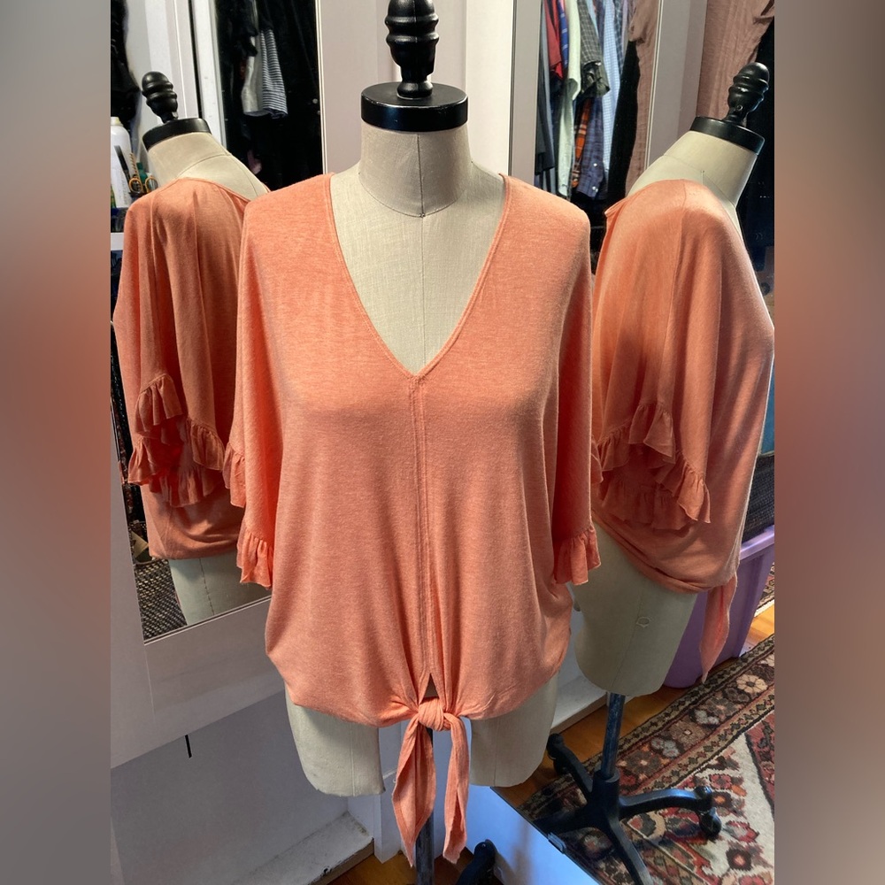 Max Studio Women’s Mango Orange Tie Front Ruffle Sleeve Top, Size Medium